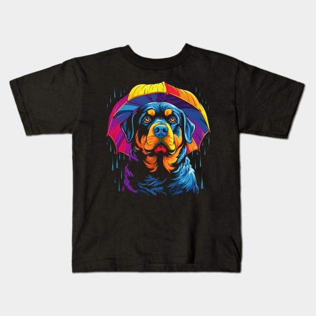 Rottweiler Rainy Day With Umbrella Kids T-Shirt by JH Mart